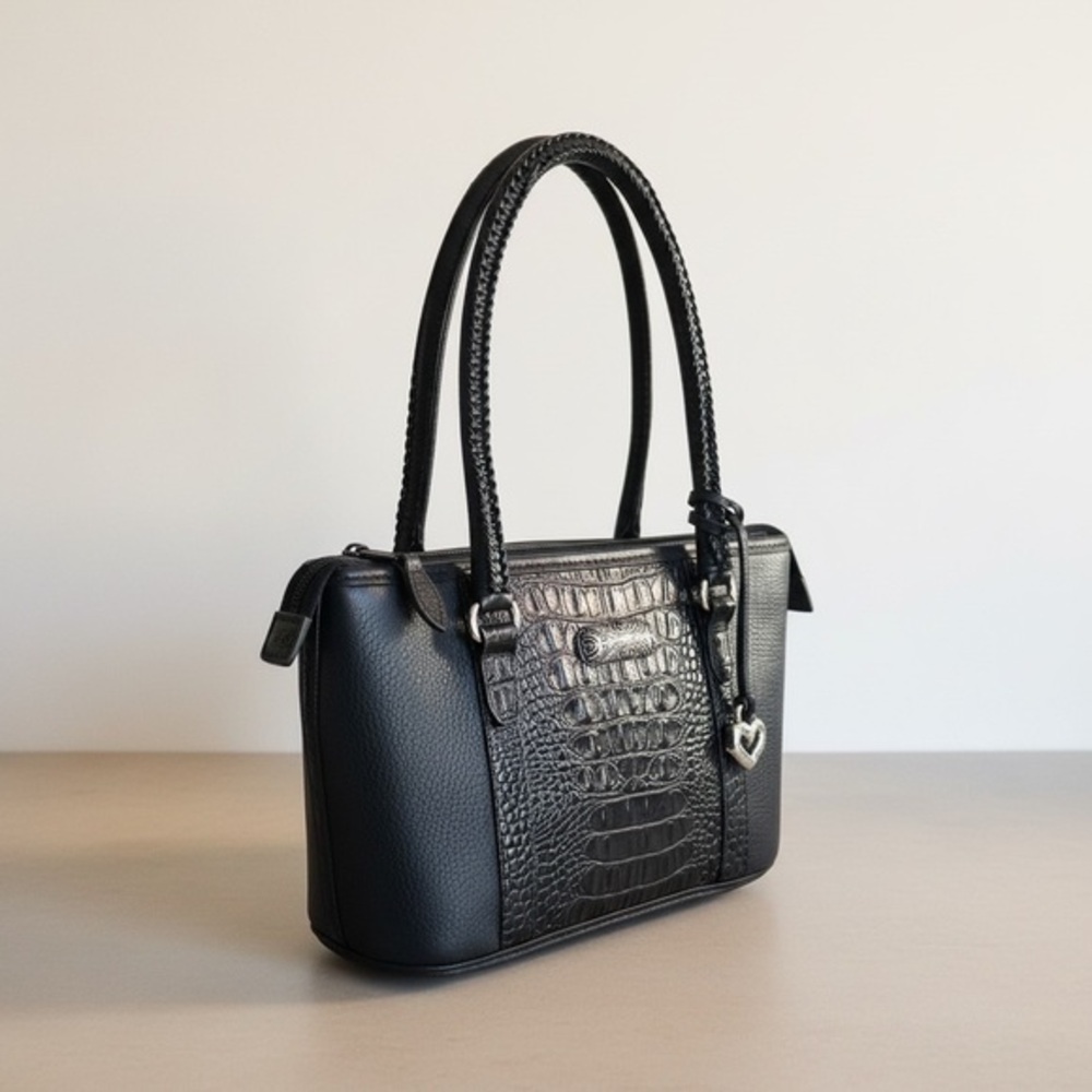✨Brighton Black Croc Embossed Leather Tote Heart Charm Plaid Lined Shoulder Bag✨